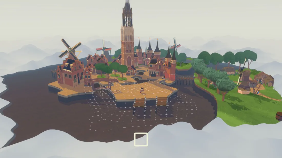 A small island town with windmills and a church tower