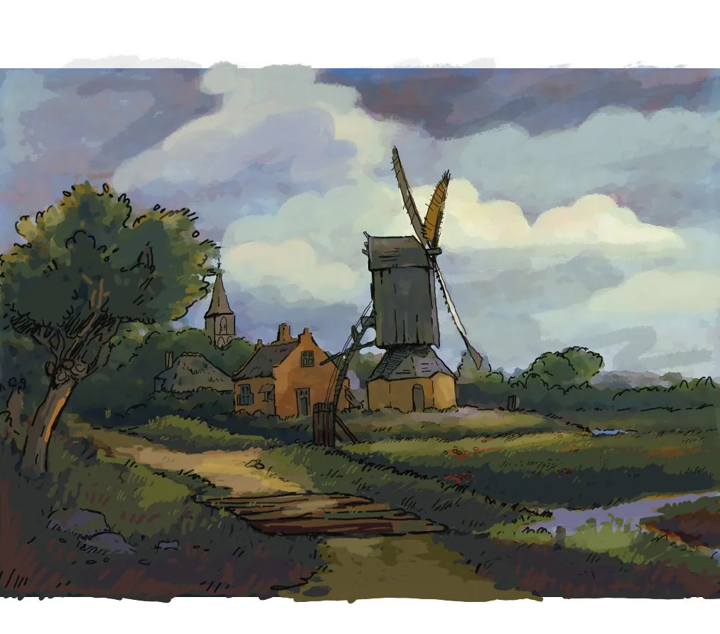 Paint-over of a Dutch Golden Age landscape with a windmill, used as in-game art