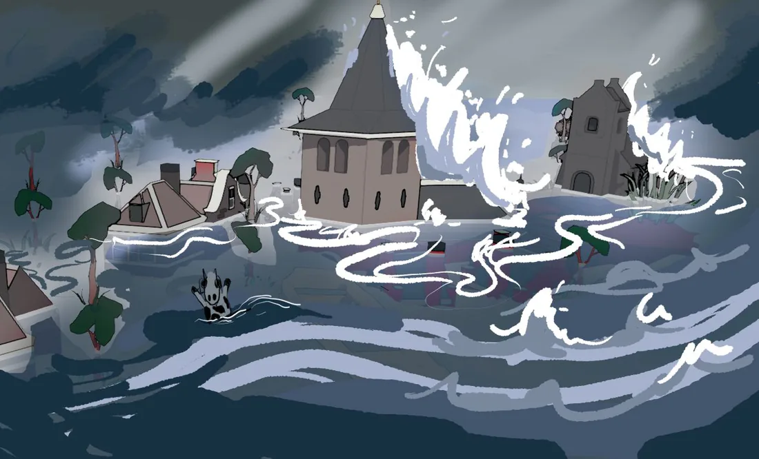 Concept art: a storm surge breaking over a flooded town