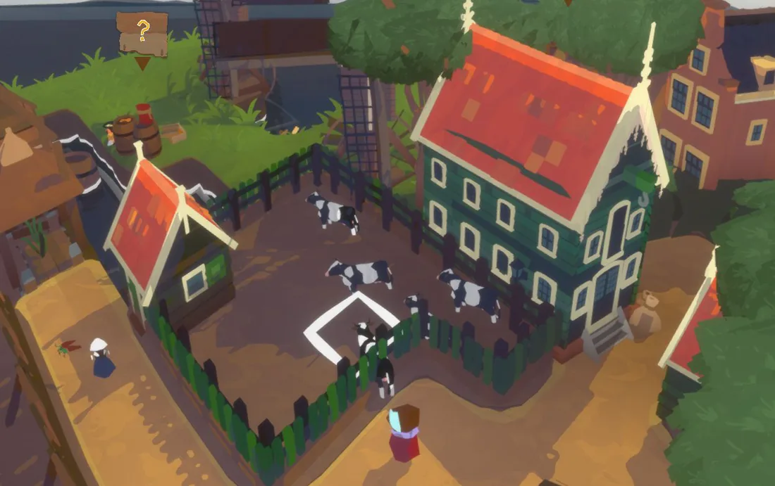 A canal house built block by block, with villagers walking the streets