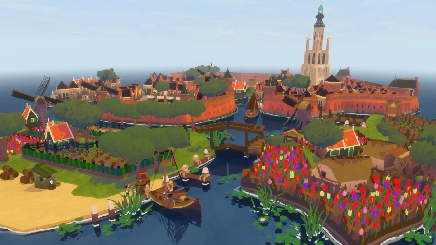 Oudehaven seen from the water: canal houses, tulip fields and a church tower